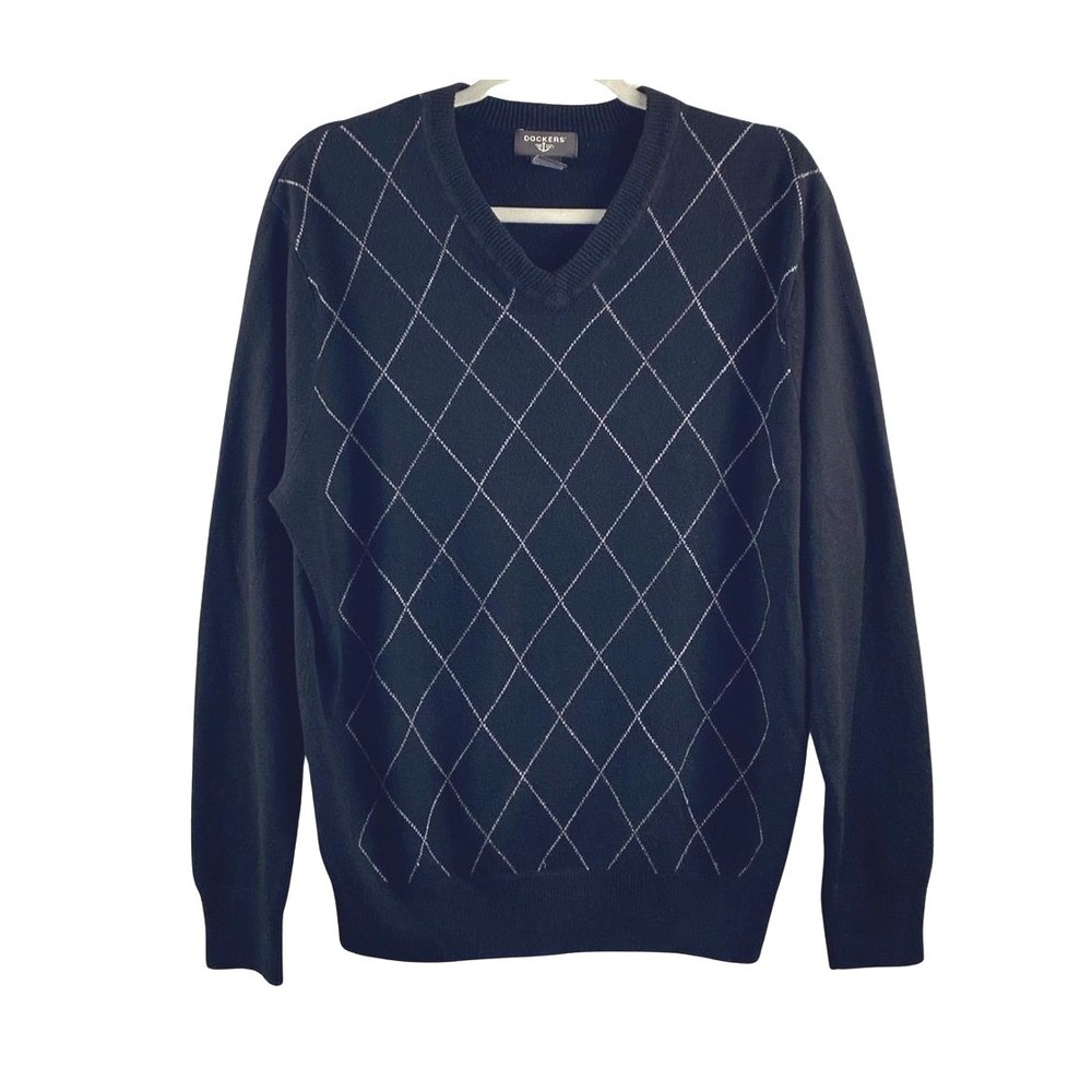Vintage‎ 90s Dockers Navy Argyle V-Neck Sweater Men's L Preppy Grandpacore